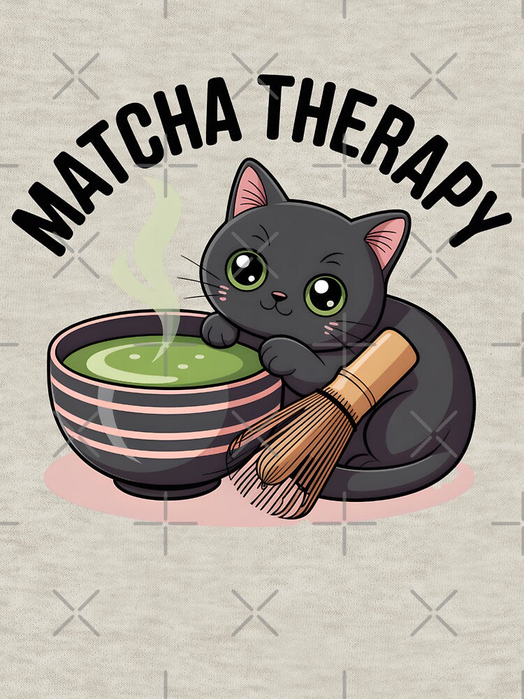 Matcha Therapy Cute Black Cat Matcha Lover T-Shirt by Raw Tigers