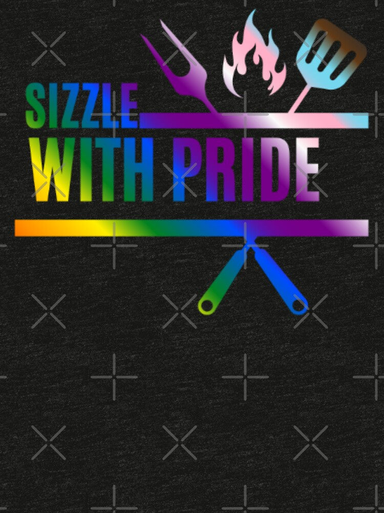 Sizzle With Pride, Progress pride flag graphic, BBQ Rainbow Graphic, BBQ, Outdoors, Summer, Party, LGBTQ, BBQ Grill, BBQ Foodie, Funny BBQ Slogan, Funny, Humor, by PrideBeProud