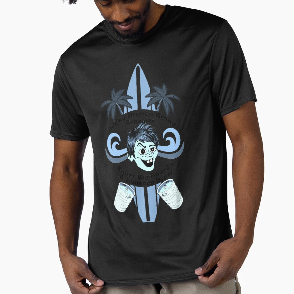 Blue Bucky Bronco Brand Bahamas Baller Big Boards & Bonedog Brew Funny Novelty T-Shirt by Captain Jack's Pirate Hats