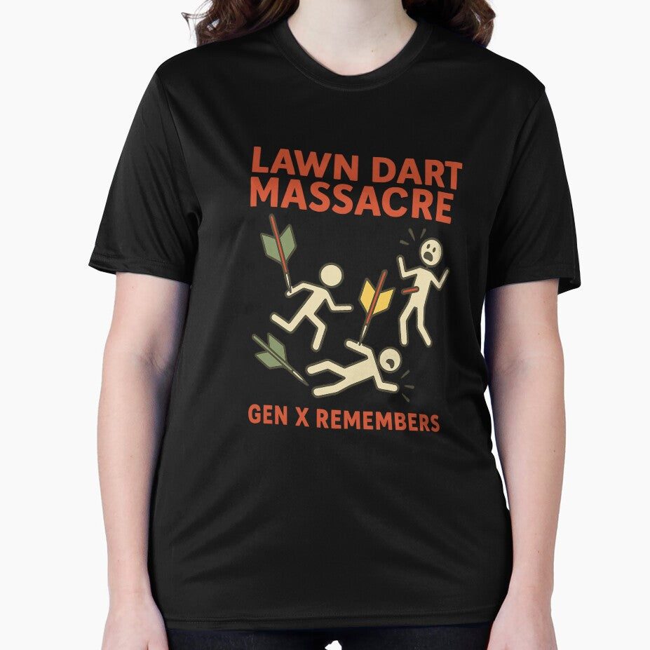 Lawn Dart Massacre – Gen X Remembers | Funny 80s Nostalgia Retro Humor T-Shirt by mr. pinks Imaginairium