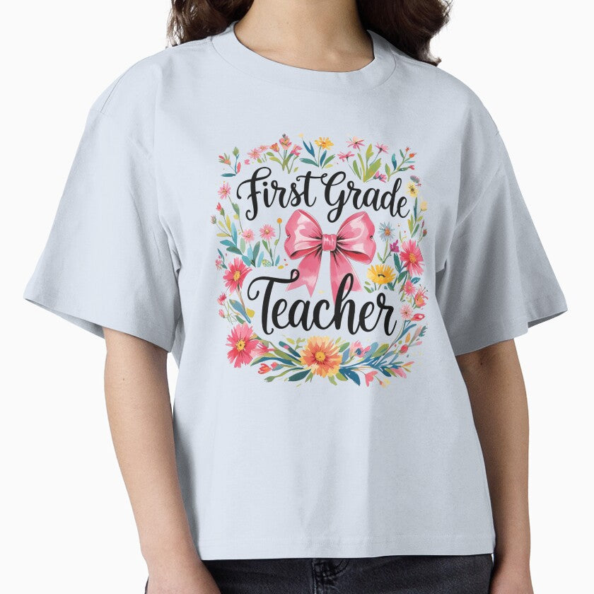 Floral Teacher Tshirt | Pre-K, Kindergarten, First Grade Teacher Gift with Pink Bow by CoconutCoastDesigns