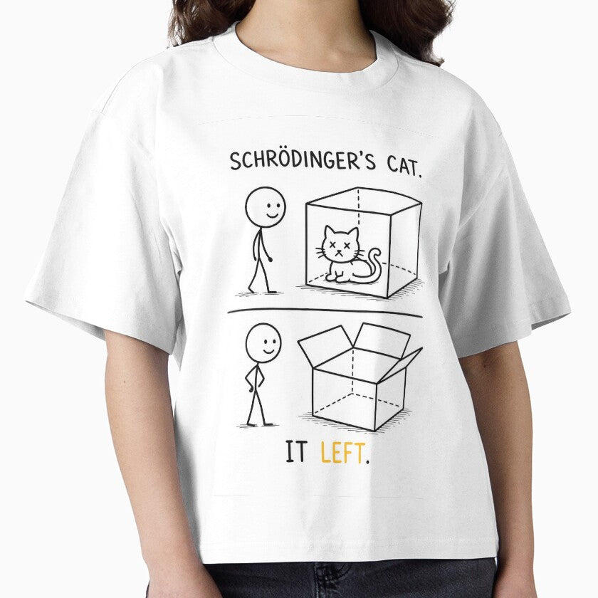 Schrödinger's Cat – It Left | Funny Quantum Physics & Philosophy Stick Figure T-Shirt by OkKafka
