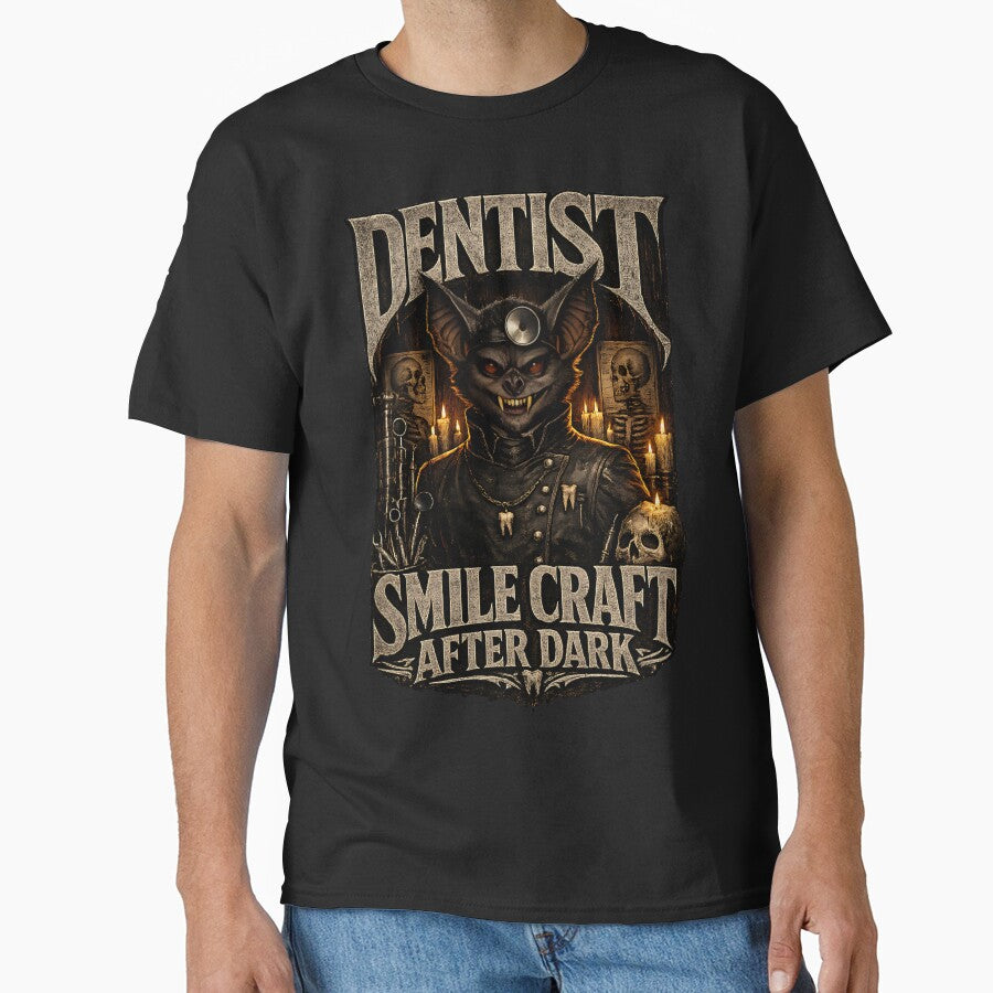 Gothic Bat Dentist Shirt, Horror Dentist Halloween Design, Dark Academia Dental Hygienist Gift, Smile Craft After Dark Gothic Medical Tee by ClinicalHubs