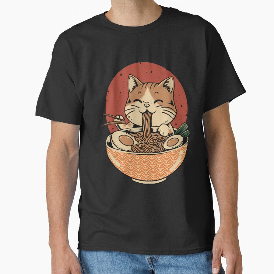 Cute Cat Eating Ramen Funny Japanese Noodle Lover Kawaii Anime Style T-Shirt by phsycartwork
