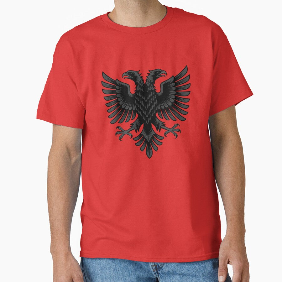 Highly detailed Albanian double-headed eagle emblem in a powerful heraldic style by 123ks