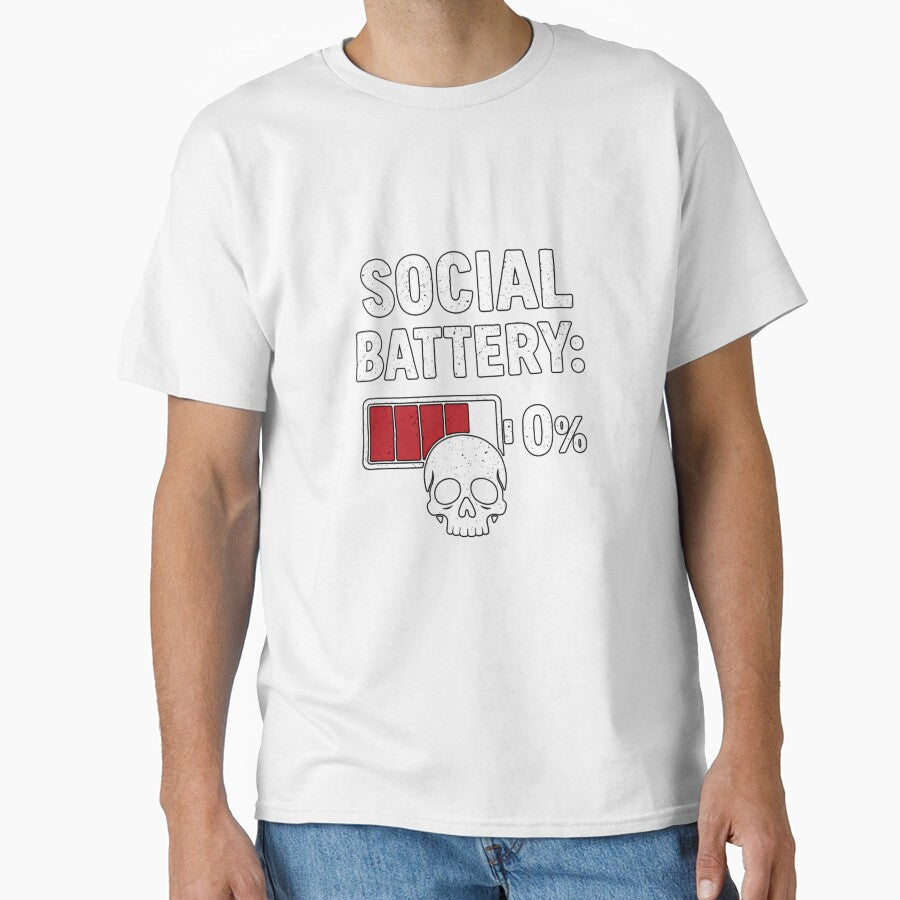Social Battery 0% – Funny Introvert Skull Low Energy Tee by Brinevex Co.