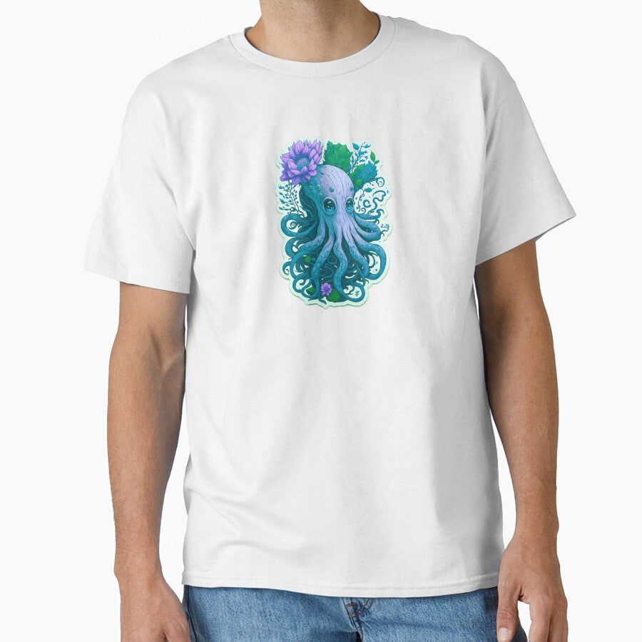 Magical Illustration Cute Light Blue Octopus Vibrant Colorful Psychedelic Pastel Flowers Sad Eyes by SassyArtistry