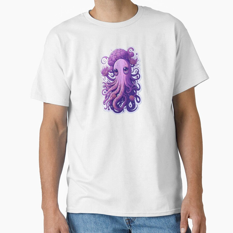 Magical Illustration Cute Purple Octopus Vibrant Colorful Psychedelic Pastel Flowers Big Sad Eyes With Mushroom head by SassyArtistry