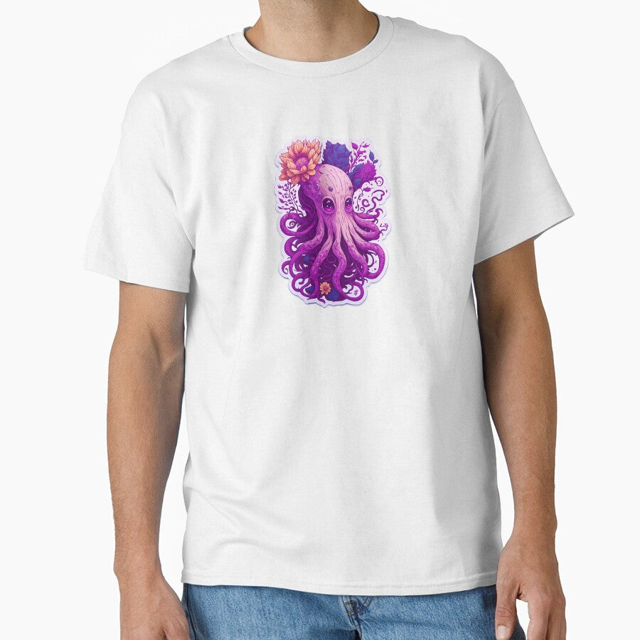 Magical Illustration Cute Pink Octopus Vibrant Colorful Psychedelic Pastel Flowers Sad Eyes by SassyArtistry