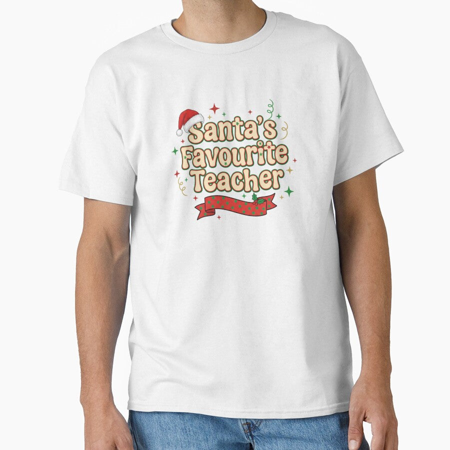 Santas Favourite Teacher Christmas Art - Retro Holiday Typography - Festive Educator Gift by JLMWorks