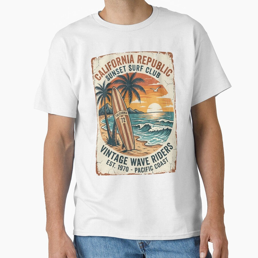 Vintage California Surf Club Retro Sunset T-Shirt Design by BCW