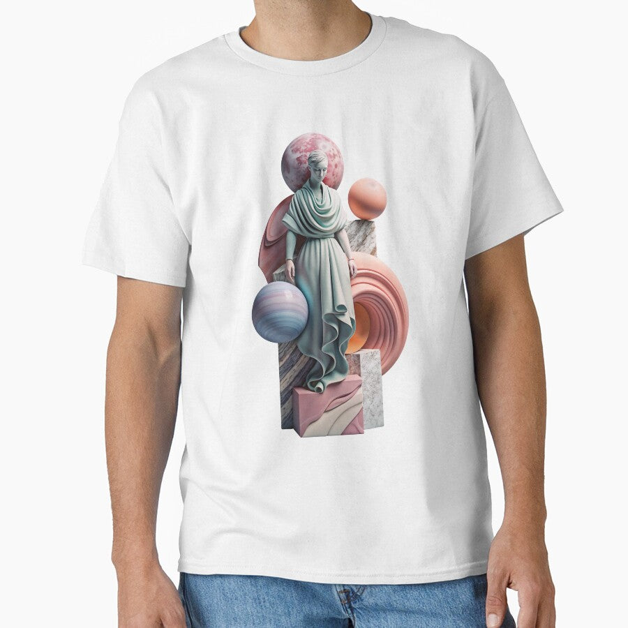 Ethereal woman statue surrounded by colorful planets and geometric shapes by Creative88Art