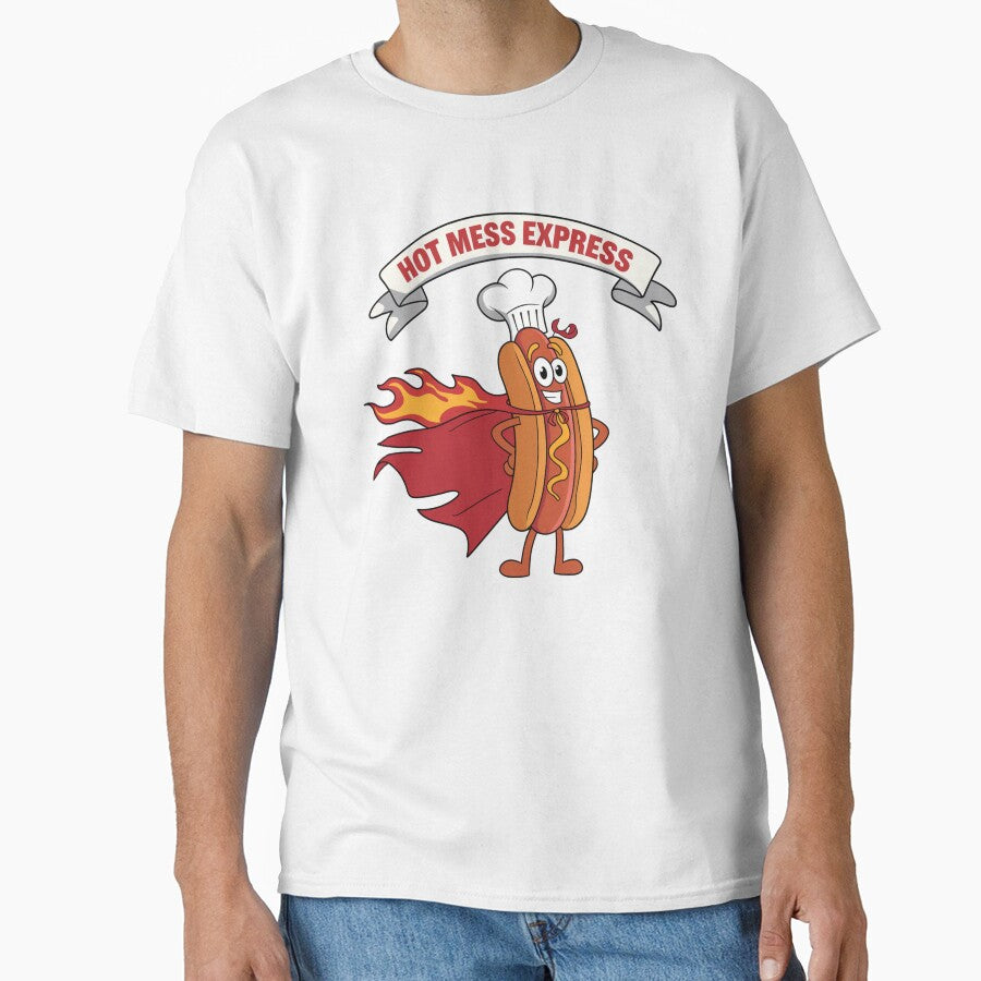Funny Hot Mess Express Chef Hat Flaming Hot Dog Cartoon Design by badburropress