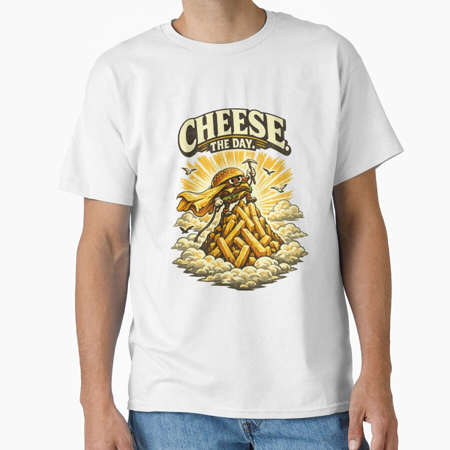Cheese The Day Funny Burger Mountain Vintage Graphic T-Shirt & Sticker by irfanshikh