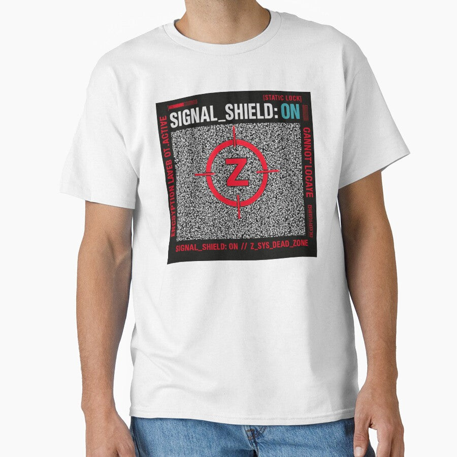 Signal Shield ON Z System Glitch Cyberpunk Graphic T-Shirt by ZEBBEDE - Minimal Streetwear
