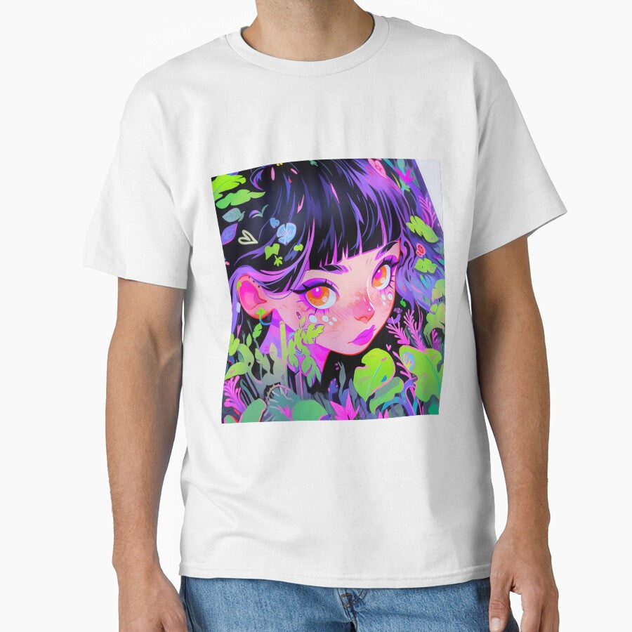 Vibrant Neon Psychedelic Leaves and Flowers Anime Girl by bubblegoth