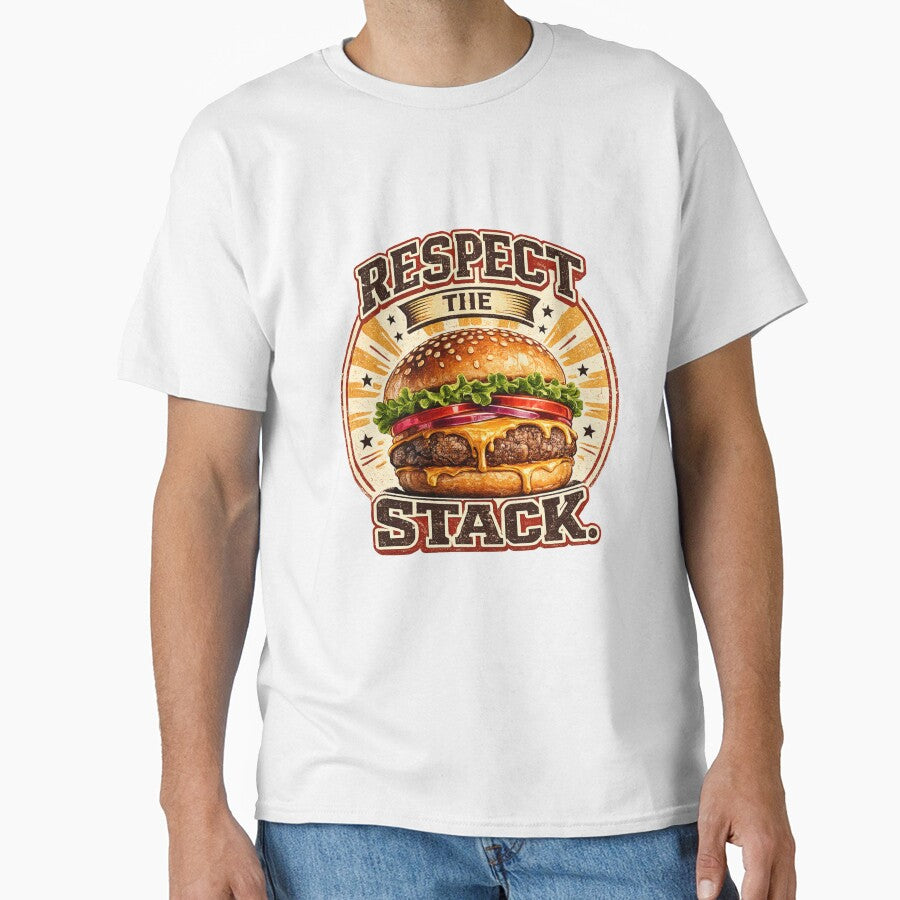 Respect The Stack: Retro Vintage Badge Cheeseburger Typography Design by irfanshikh