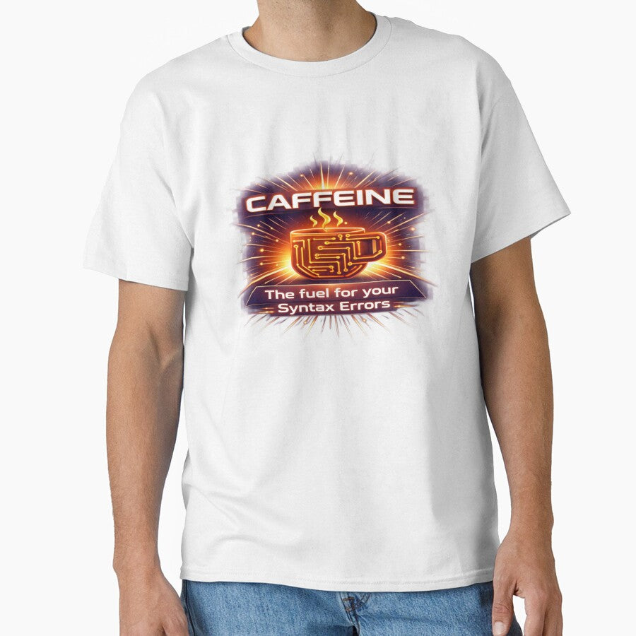 Caffeine: The Fuel for Syntax Errors – Dev Humor Tee T-Shirt by Syntix Gear | Syntax. Style. System.