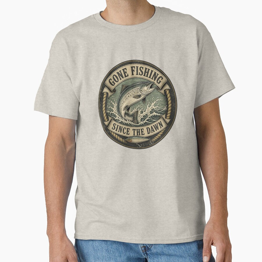 Vintage Gone Fishing Since The Dawn Retro Trout Angler by InkWeaveShop
