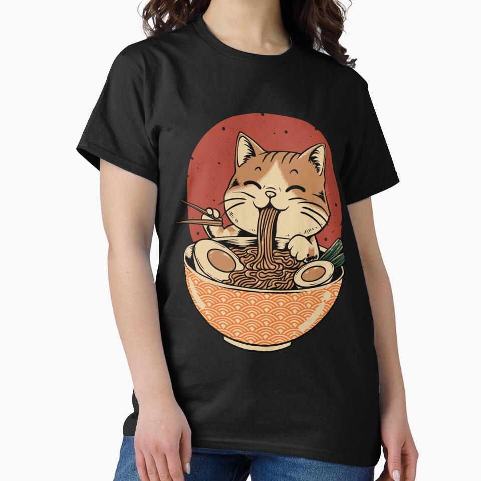 Cute Cat Eating Ramen Funny Japanese Noodle Lover Kawaii Anime Style T-Shirt by phsycartwork