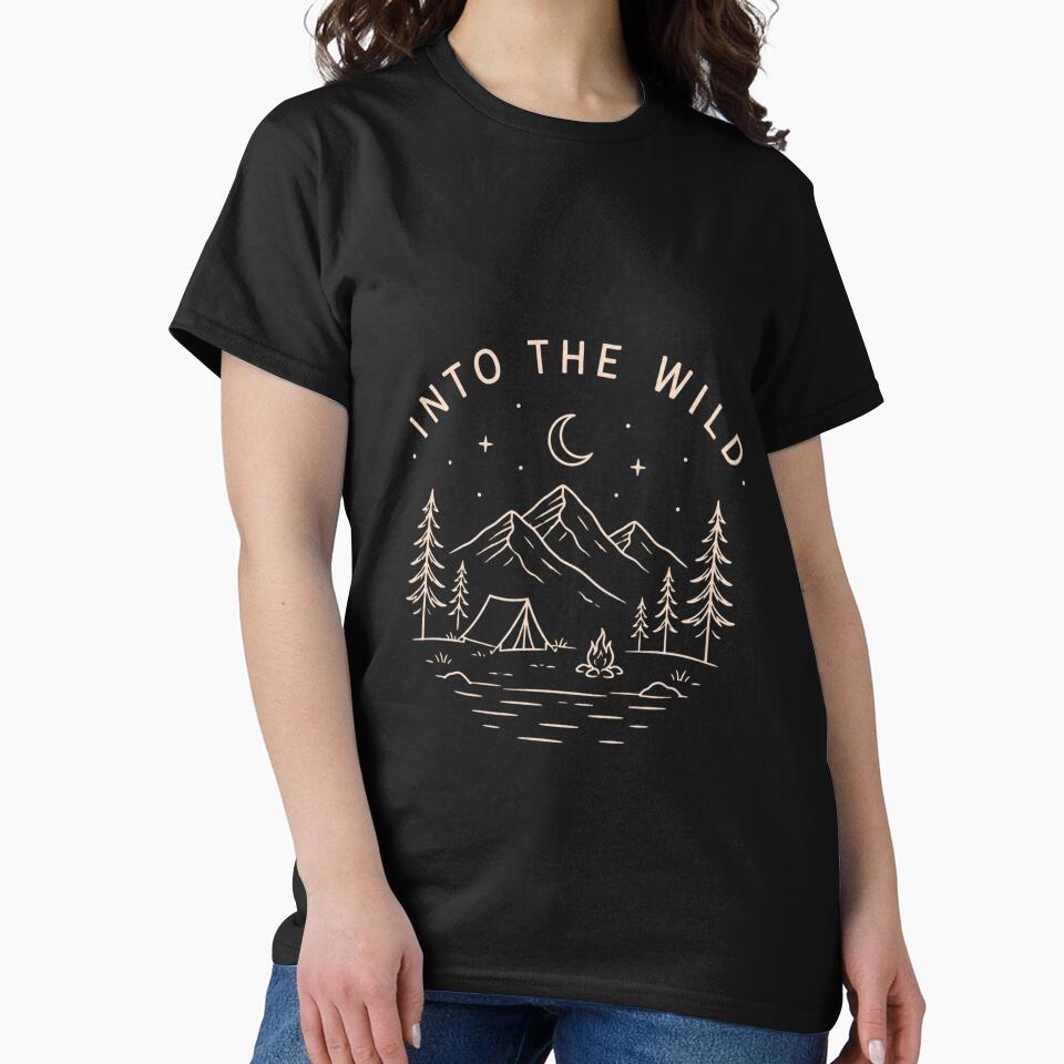 Into the Wild | Minimal Camping Mountain Nature T-Shirt | Adventure Line Art Design by Lynn Creates
