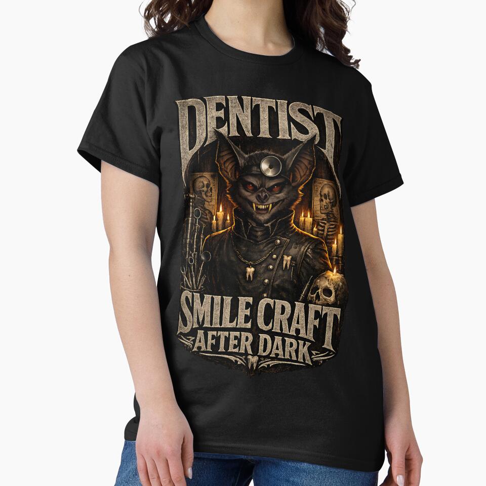 Gothic Bat Dentist Shirt, Horror Dentist Halloween Design, Dark Academia Dental Hygienist Gift, Smile Craft After Dark Gothic Medical Tee by ClinicalHubs