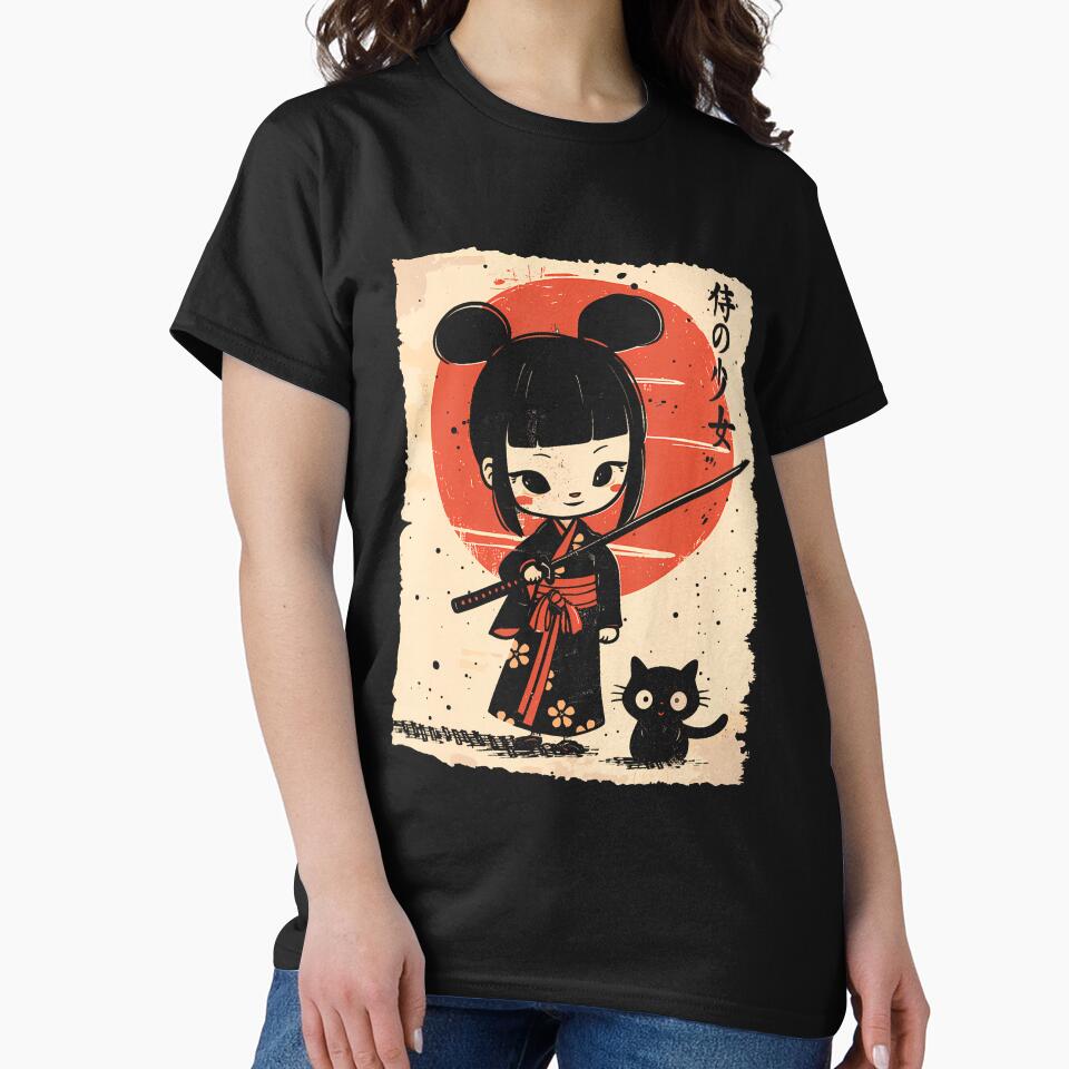Cute Kawaii Samurai Girl With Katana  Cat Japanese Anime T-Shirt (2) by GabrielaPeterse