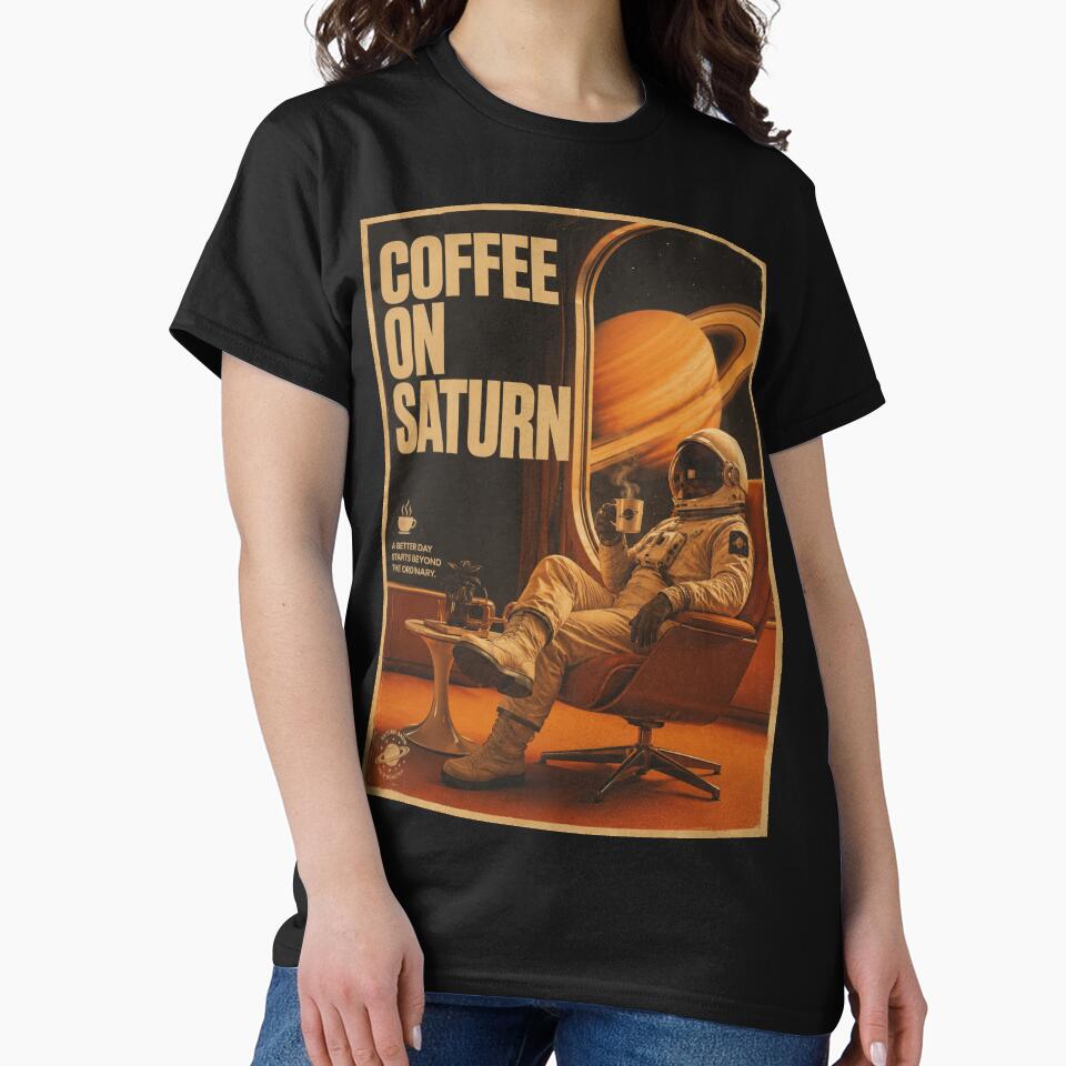 Coffee On Saturn – Retro Futuristic Space Poster by Watchyyy