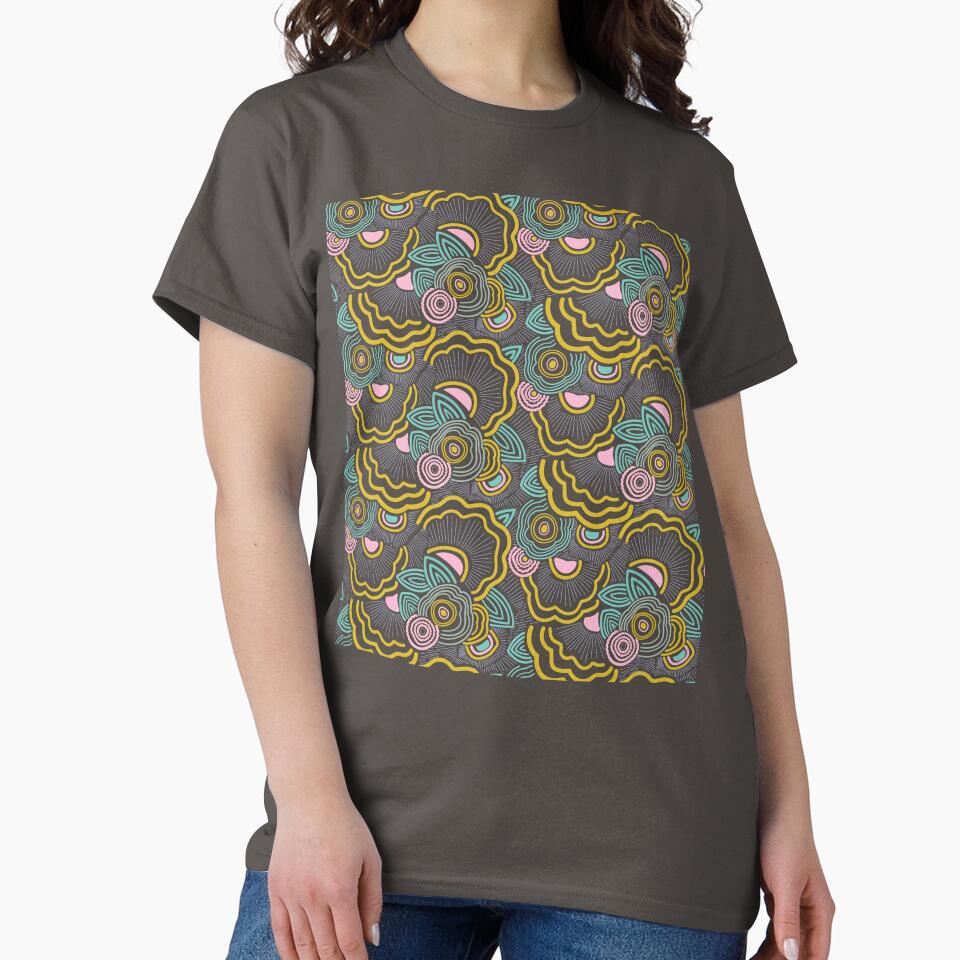 Seamless pattern with abstract hand-drawn boho flowers, leaves, and wavy lines in pastel colors on a white background. by maewjpho