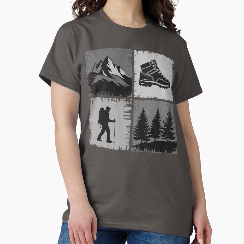 Hiking Icons Grid – Mountains, Boot, Hiker & Trees Monochrome Design by GabeMountainArt