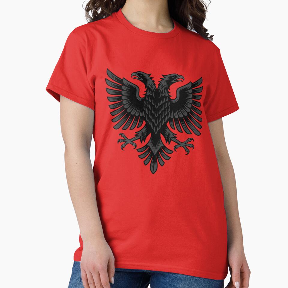 Highly detailed Albanian double-headed eagle emblem in a powerful heraldic style by 123ks