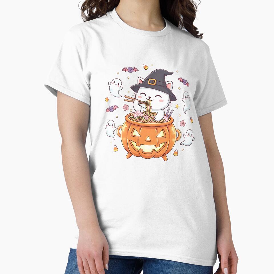 Kawaii Cat Eating Ramen Pumpkin Bowl Ghost Bat Halloween Men by TalalosART