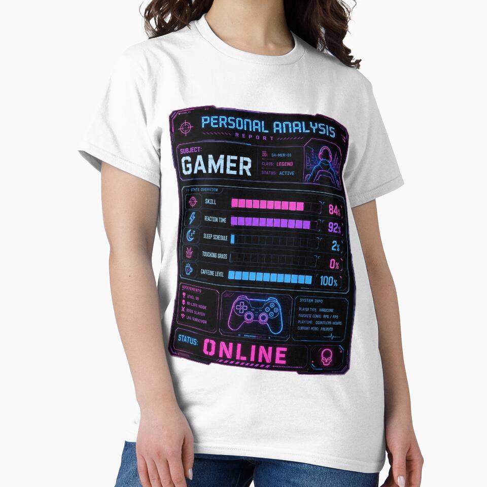 Gamer Personal Analysis Report – Funny Neon Gaming Stats Design by Claws & Chaos