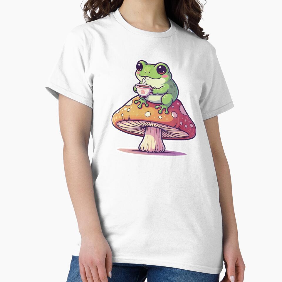 Cute Froggie Sipping Tea on Mushroom Sticker by RACreationz