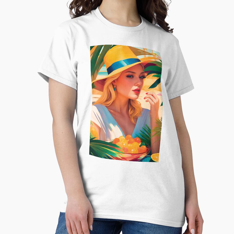 Beautiful Classy Woman In Hat On A Beach With Palm Trees Eating Hot Summer Fruits Stylish Painting by TriniTeeClub