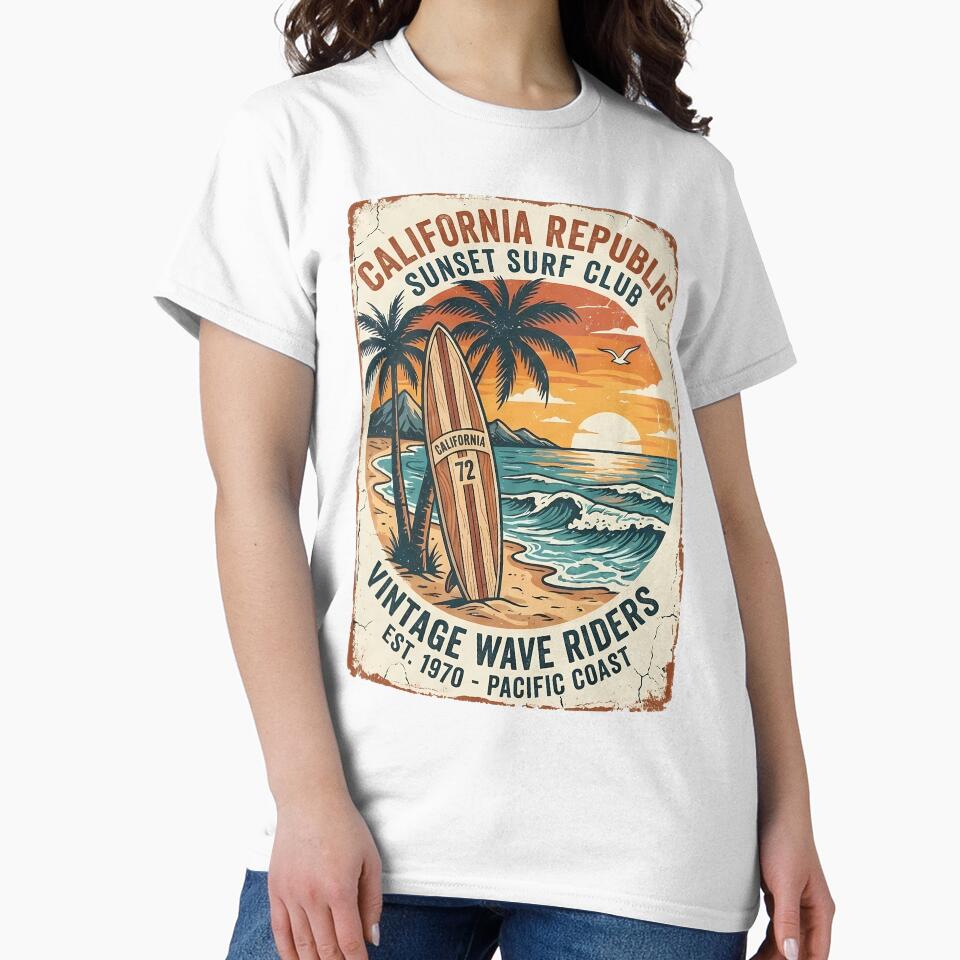 Vintage California Surf Club Retro Sunset T-Shirt Design by BCW
