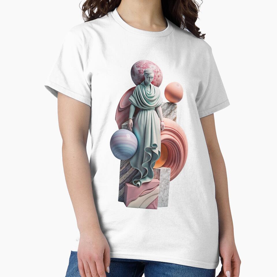 Ethereal woman statue surrounded by colorful planets and geometric shapes by Creative88Art
