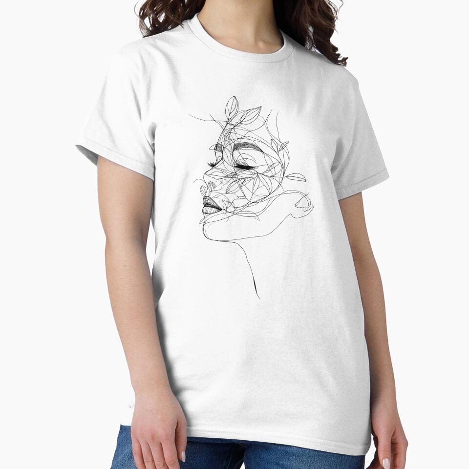 Line Art Woman in Profile with Flowers, Modern Feminine Portrait by Moodune