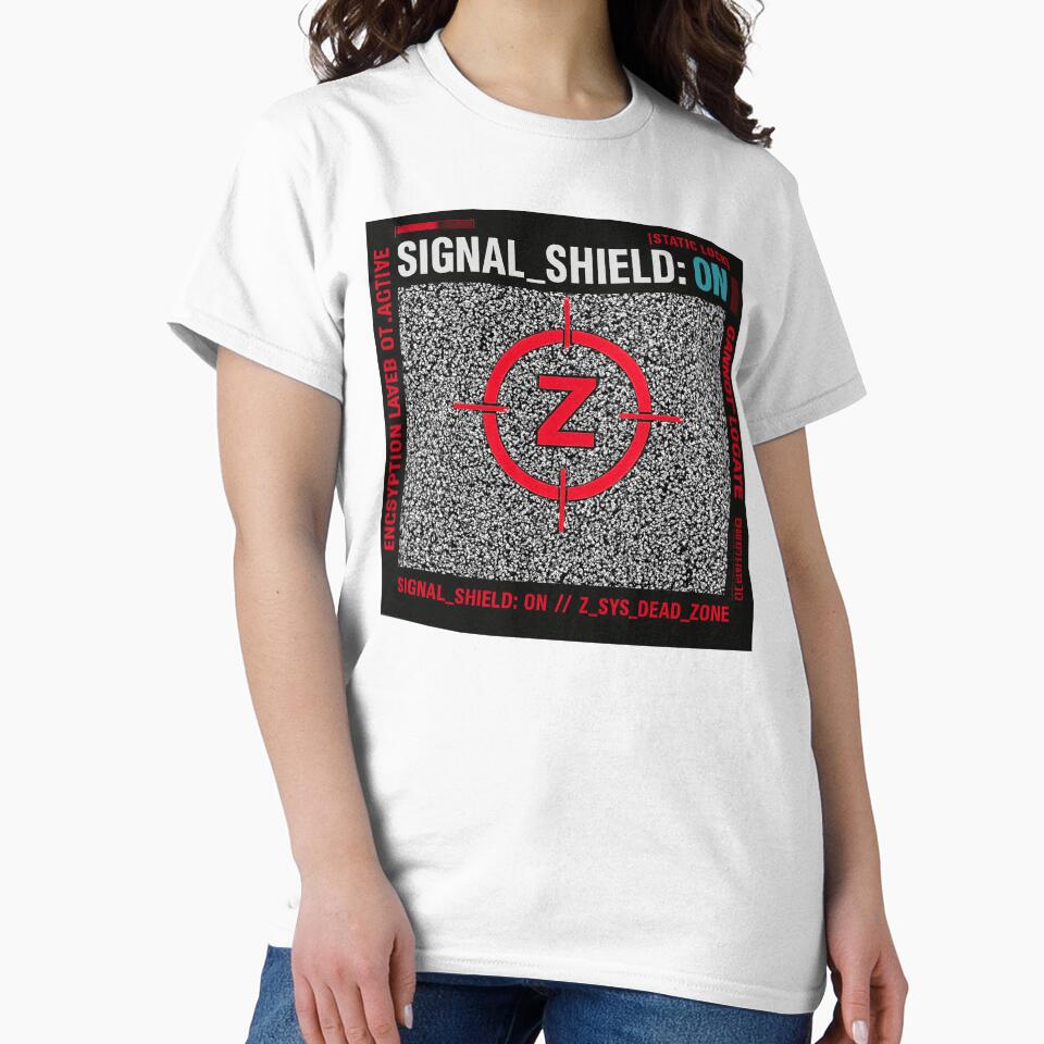 Signal Shield ON Z System Glitch Cyberpunk Graphic T-Shirt by ZEBBEDE - Minimal Streetwear