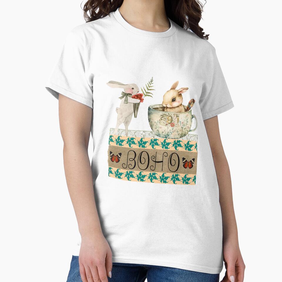 Elegant Boho Rabbit Tea Cup Collage T-Shirt - BOHO by GorinART