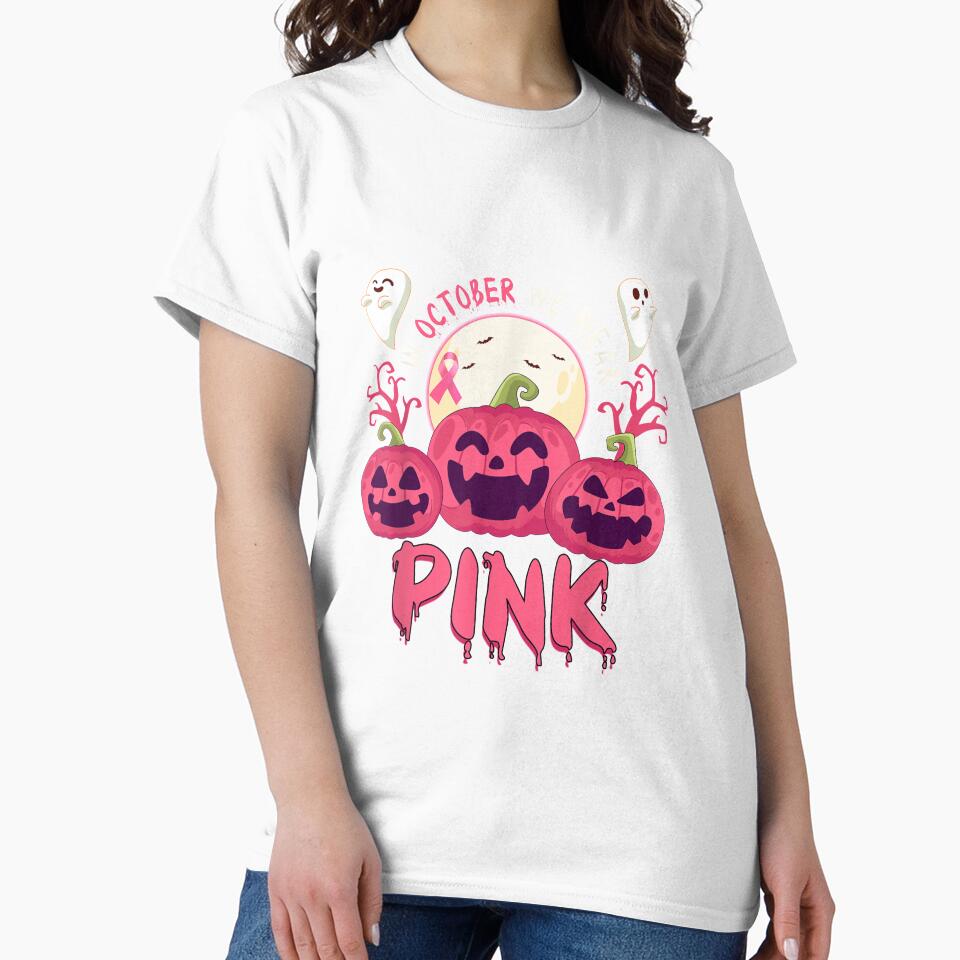 In October We Wear Pink Pumpkin Boo Breast Cancer Halloween T shirt by qrduubp320