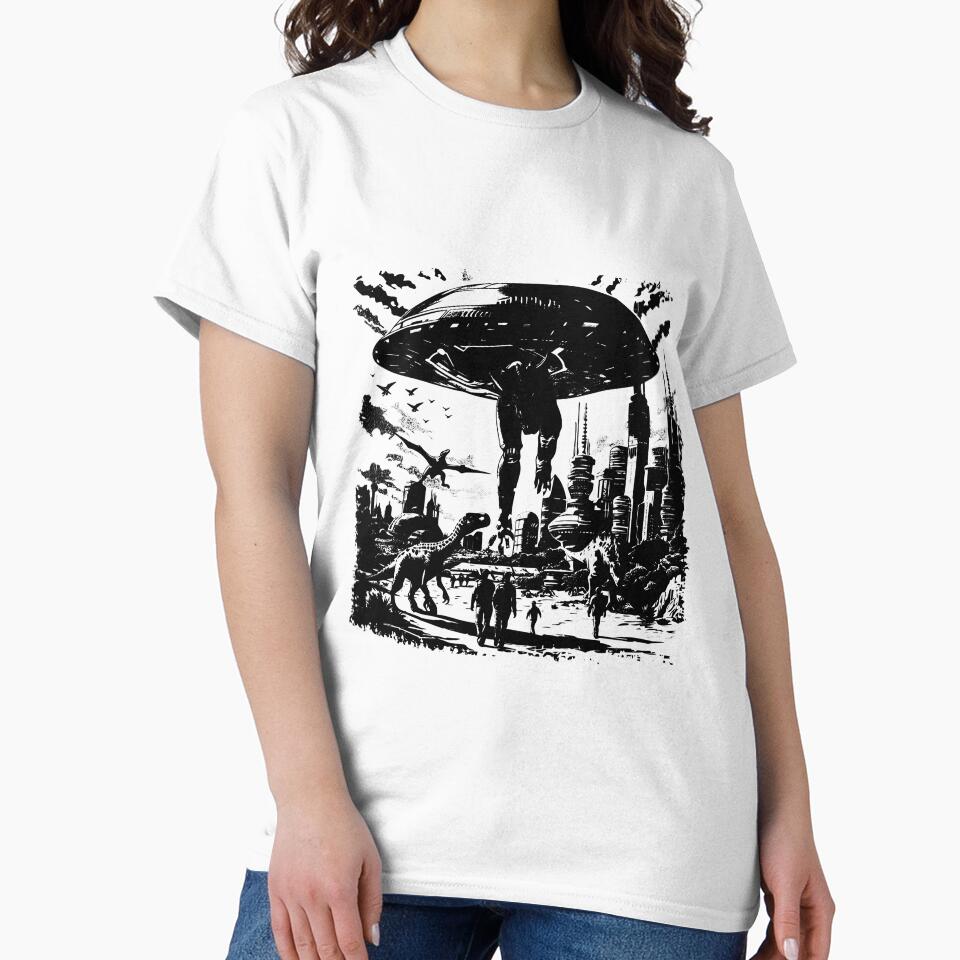 UFO and Dinosaurs in Futuristic City | Sci-Fi Prehistoric Mashup Art by inkoutninja