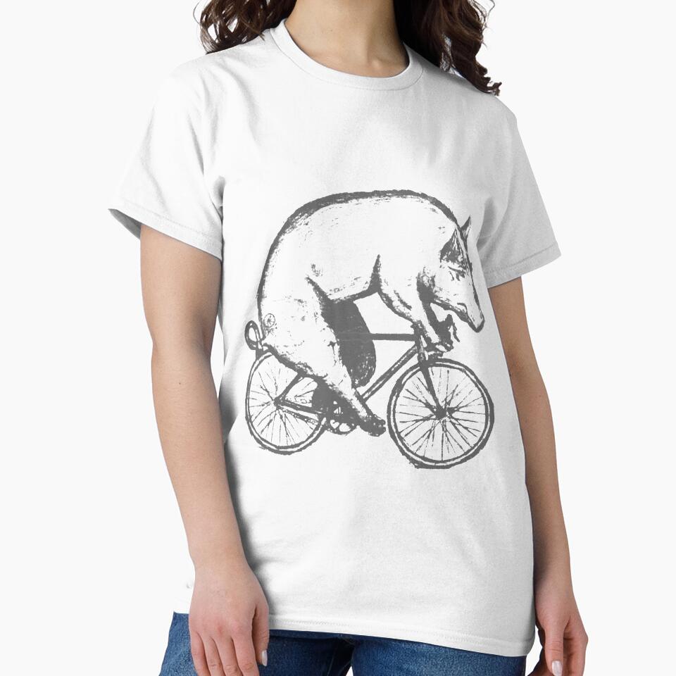 Pig on a Bicycle Mens Unisex Tee Tri Blend Tee Handmade graphic tee sizes Pig bike by HoneyJonesP