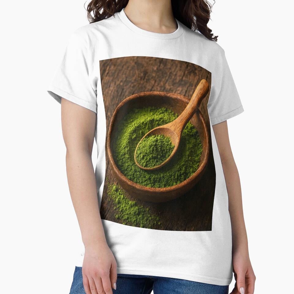 Green Matcha Powder in Small Wooden Bowl with Spoon – Superfood Close-Up by EmeraldeaArt