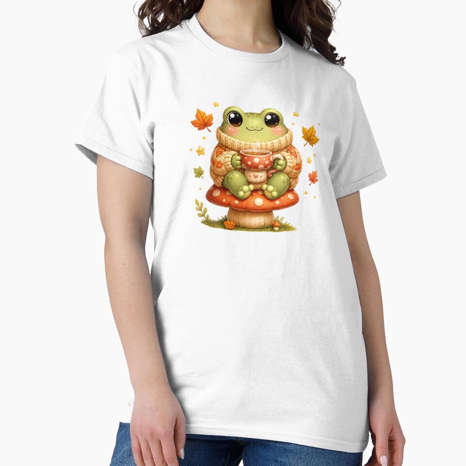 Cozy Autumn Frog with Tea on a Mushroom by cat-and-pigeon