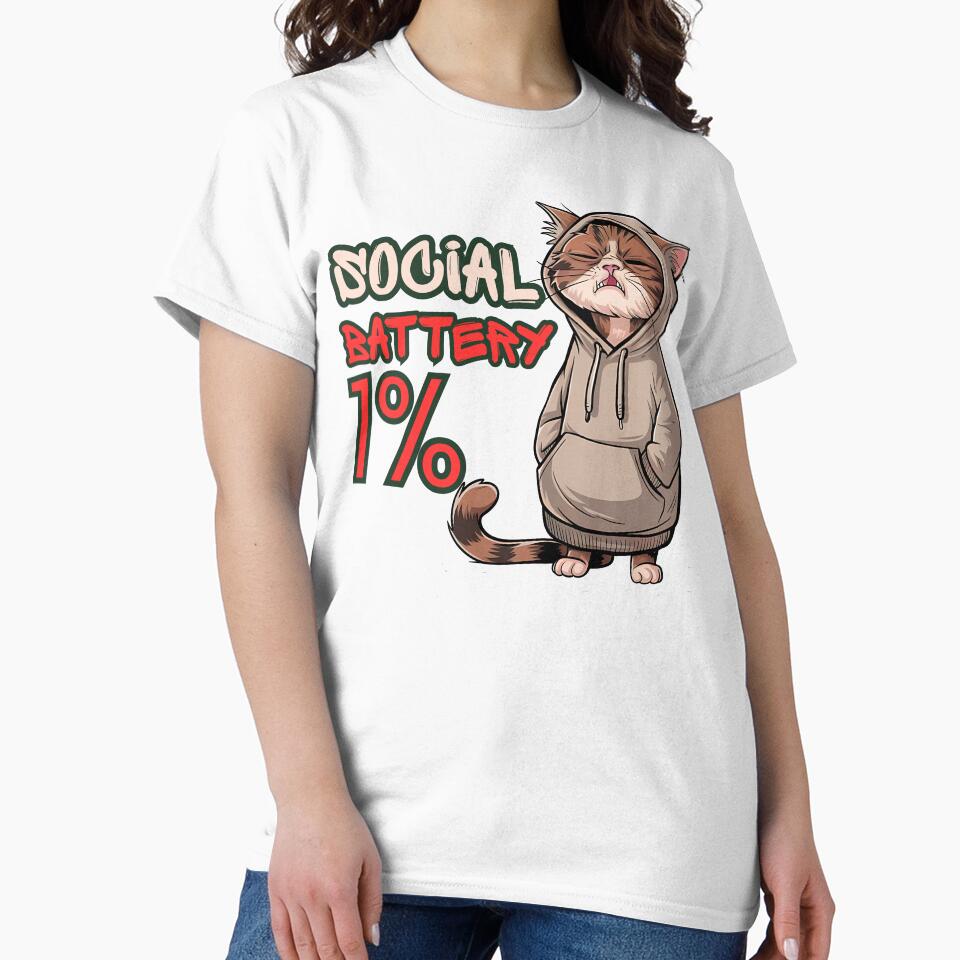 Social Battery 1% Cat  – Funny Introvert Low Energy Meme by StaticMood