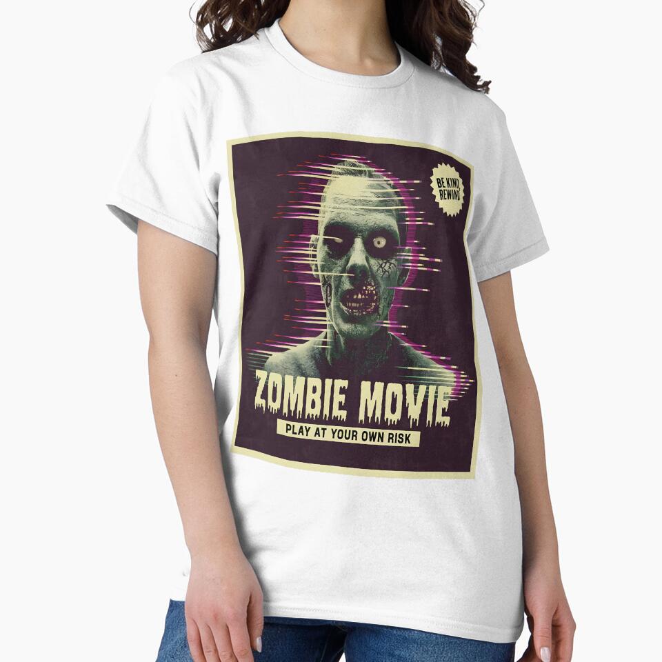 Retro Glitch Zombie Movie T-Shirt – VHS Horror Style "Play at Your Own Risk" by al21ex