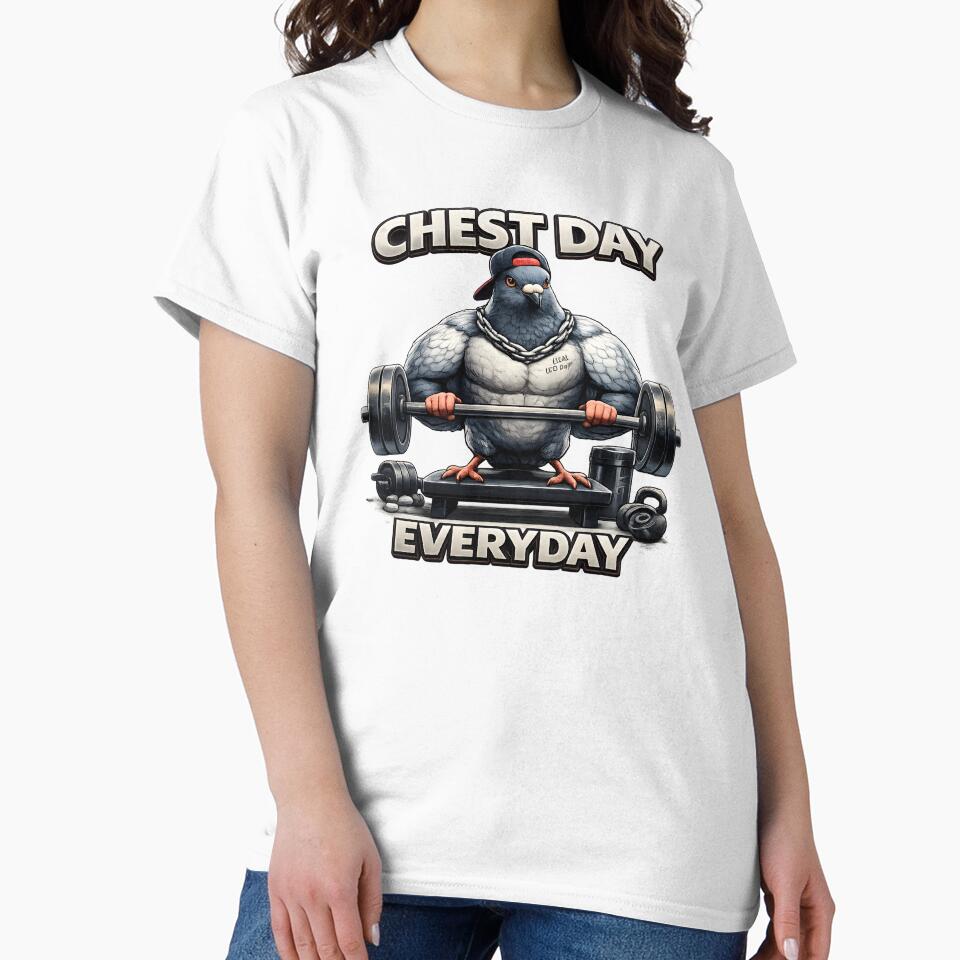 Chest Day Everyday – Gym Bro Pigeon Fitness Humor Design by OPixStudio
