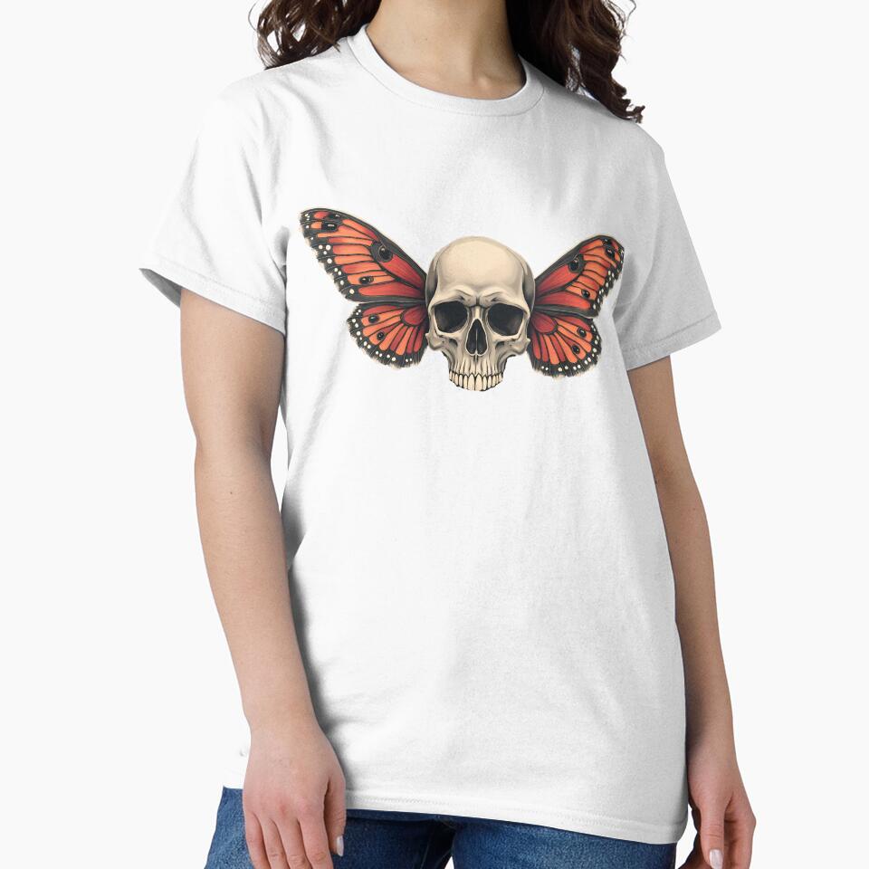 Skull and orange monarch butterfly - dark feminine gothic academia skeleton girlie death nature by Fantasy Cache