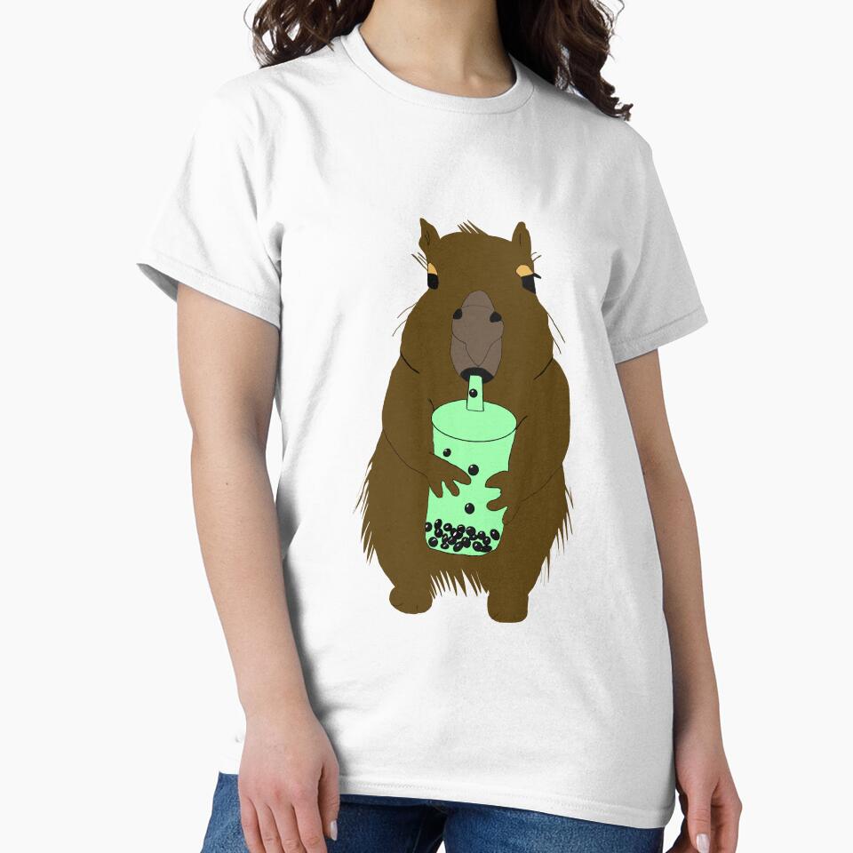 Cute Capybara Drinking Matcha Bubble Tea Illustration by Najomiartstudio